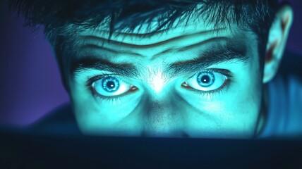 Photorealistic image of a young man gaming intensely on a computer late at night, highlighting digital dependency and screen fatigue 