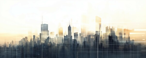 Fototapeta premium City skyscrapers overlayed with line graphs representing market growth, double exposure effect, urban and sophisticated