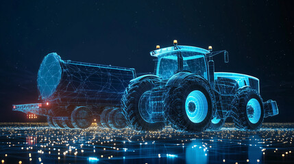 polygonal luminous tractor and fertilizer cart, picture from side, luminous data connection points, blue and white,