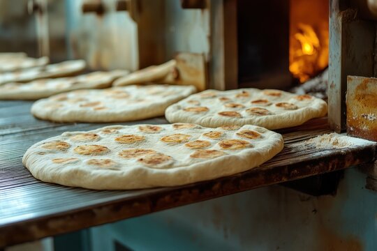 Flatbreads Fresh pita removed from the oven Quboos Arabic bread is made by cutting dough into circles that travel on a conveyor Fresh pita emerges from the oven Factory pro
