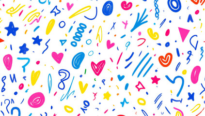 A colorful, abstract background with many shapes and lines, including hearts and stars. The background is filled with a variety of colors and shapes, creating a lively and playful atmosphere