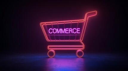 A neon illustration of a shopping cart with a dark background