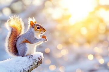Gray squirrel enjoying a nut on a frosty tree trunk in the soft morning light