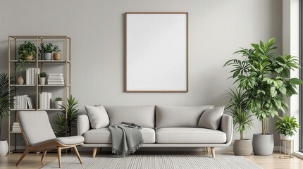 Contemporary Living Room Design with 3D ISO A Mockup Frame, Minimalist Decor, and Greenery