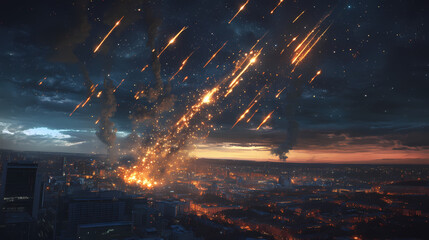 Fototapeta premium While resting in the midlands, you witness a meteor shower raining down sky candy. what strange phenomena accompany this celestial spectacle, 3d illustrate,octane render. Meteor. Illustration