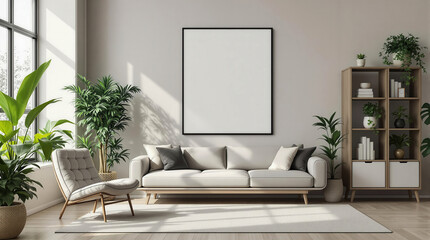Neutral Tone Living Space with 3D Frame Mockup, Minimalist Furniture, and Lush Plants