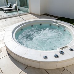 Luxurious round jacuzzi with intricate gold details and bubbling water . Ideal for spa, relaxation, and luxury home decor themes. 