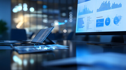 A dimly lit office at night, showcasing a laptop and desktop monitor displaying financial data graphs and charts.