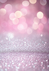 Festive abstract pink and silver background with bokeh lights.