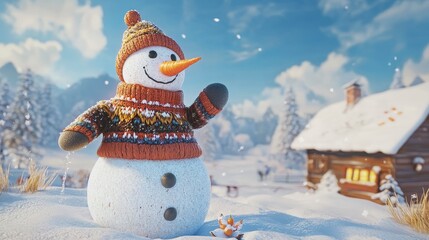 Obraz premium A snowman with a red hat and a sweater is standing in the snow. The snowman is smiling and waving