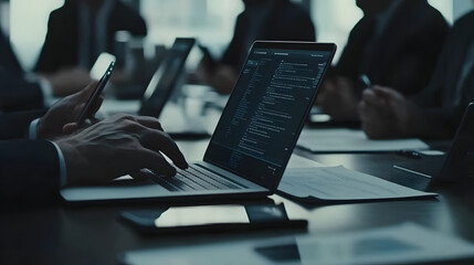 Close-up of a businessman's hands typing on a laptop during a meeting.  The screen displays code, suggesting a tech-focused business discussion. Other colleagues are blurred in the background.