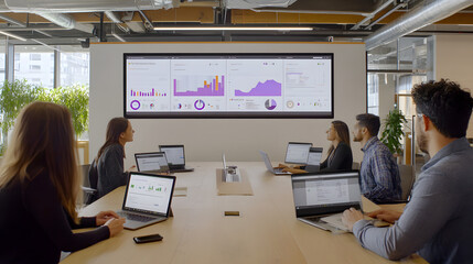 A team collaborates around a large screen displaying dynamic data visualizations. Laptops are used for individual work, fostering a modern and productive workspace.