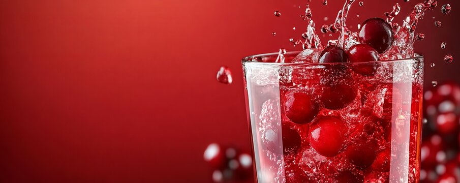 Cranberry juice splash with cranberries in air, bold red banner for a tart, refreshing drink