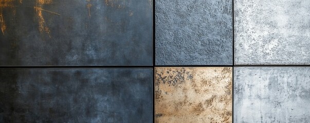 Durable Building Materials, renovate concept. Close up of textured metal and concrete wall panels showcasing renovation