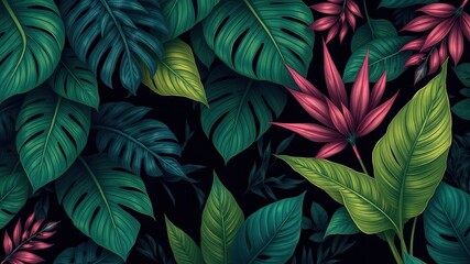 Abstract dark tropical pattern with exotic leaves and foliage, exotic leaves, vibrant, decoration