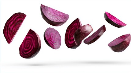 Photorealistic close-up of fresh beetroot slices with deep purple-red color floating on white background
