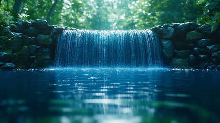 Waterfall cascading through lush tropical rainforest surrounded by vibrant green foliage blurred background symbolizing natural chaos energy tranquility renewal life force serenity and connection