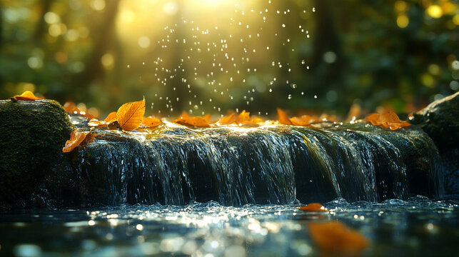 Waterfall cascading through lush tropical rainforest surrounded by vibrant green foliage blurred background symbolizing natural chaos energy tranquility renewal life force serenity and connection