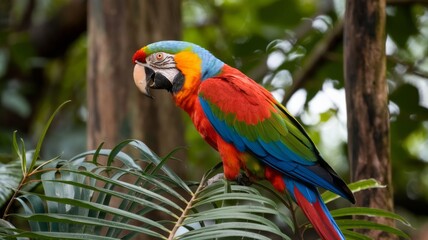 Obraz premium A colorful parrot is perched on a leafy branch. The bird is bright red, blue, and yellow, and it is looking at the camera. The scene is lively and vibrant
