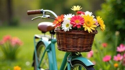A vintage bicycle with a wicker basket full of colorful daisies sits in a green field.
Concept of spring season.