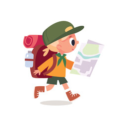 Boy scout isolated, walk by route vacation trip, young tourist traveling kid walking by pathway with travel bag backpacks and map. Travelers collection. Hiker traveler