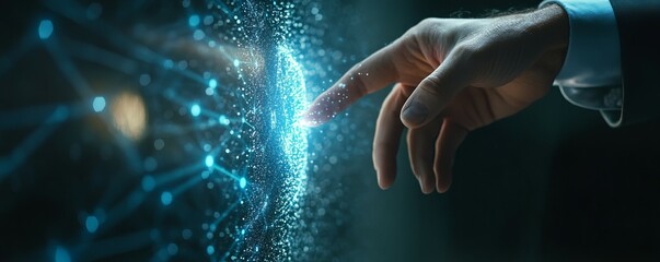 Closeup of businessman s hand activating digital human icons, concept of virtual team building