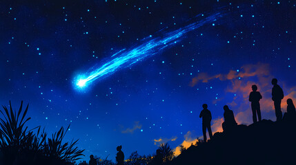 Fototapeta premium Meteor, falling star in a beautiful starry night sky. silhouettes of people, tourists, watching stars. Meteor. Illustration