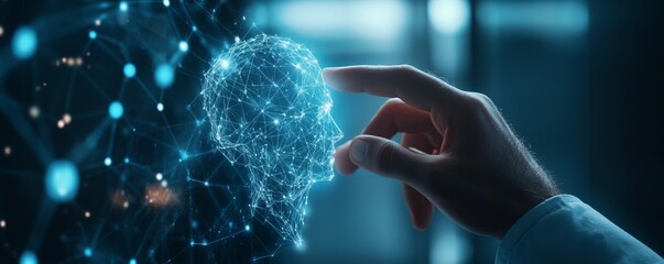 Closeup of businessman s hand activating digital human icons, concept of virtual team building