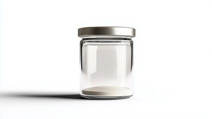 Ultra-realistic image of a small, clear glass spice jar with a metal lid, isolated on a white background
