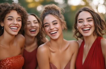 Fototapeta premium A diverse group of friends laughing and holding dresses up for the bride to consider