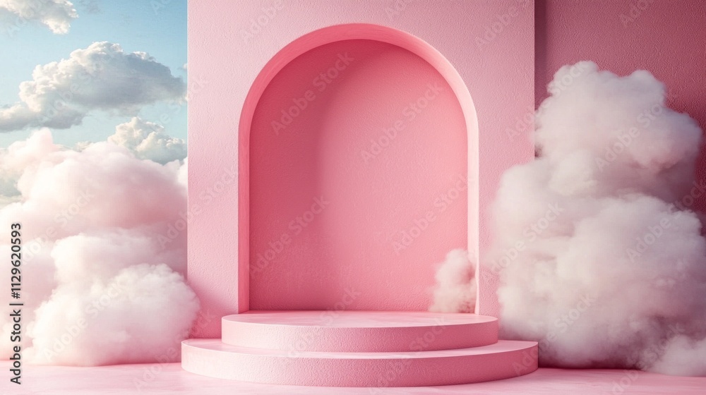 Aufkleber a whimsical pink podium rises against a backdrop adorned with fluffy clouds, inviting creativity and