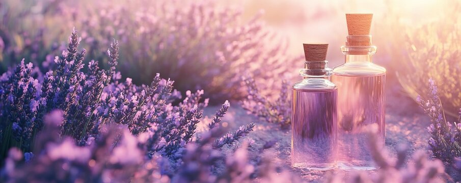 Freshly harvested lavender and glass bottles with lavender oil, serene background, natural and calming beauty concept