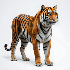 Obraz premium Tiger isolated on a white background, Side view, tiger standing full HD image generated by Ai. full body, realistic, full detail looking at the camera,