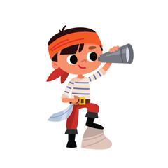 Boy dressed as pirate, holding telescope, spyglass and saber, cutlass, wearing headband, bandana, stands up straight.