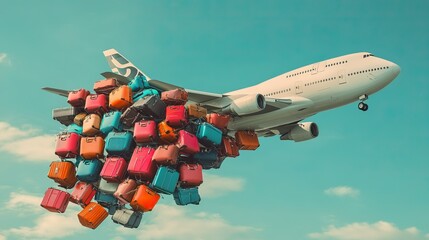 Airplane soaring with colorful luggage in clear sky, symbolizing adventure and travel agency offerings for global exploration - advertising of travel agencies