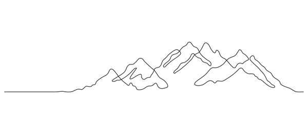 Minimal mountain line art. Continuous line drawing. One line mountain range landscape background. Rocky peaks in simple linear style. Black and white minimalist mountain illustration.