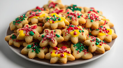 A plate of delicious star-shaped Christmas cookies, decorated with colorful sprinkles and icing. Perfect for holiday celebrations and gifting!