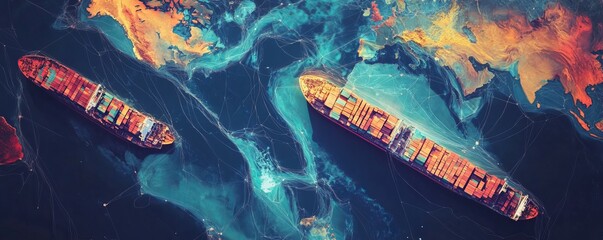 GPS map overlay showing realtime ship locations, global logistics network, digital tracking