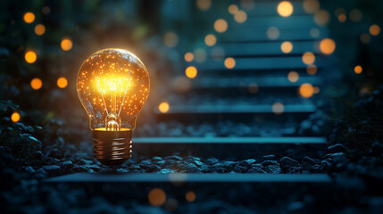 set of stairs leading upwards toward a glowing light bulb, symbolizing hope, clarity, enlightenment, and the journey toward achieving goals or overcoming obstacles in the face of chaos