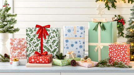 A collection of beautifully wrapped Christmas presents in various festive patterns sits on a whitewashed wooden surface, adorned with greenery and a small Christmas tree.
