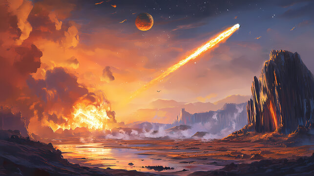 Dinosaur extinction event. Meteor. Illustration