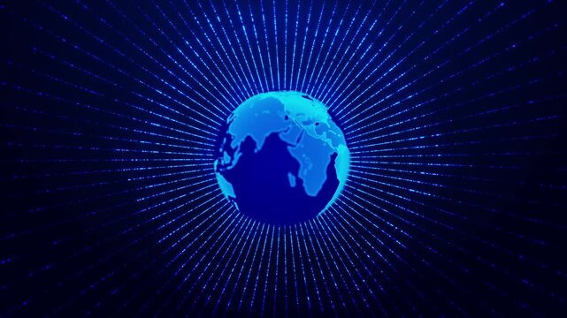 Futuristic Hologram of futuristic planet Earth Global network connection. World map point line composition concept. Global business. Worldwide Big Data Cloud. World Connections. Hi-tech HUD cyberspace