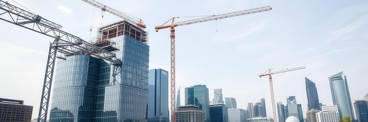 Fototapeta premium Futuristic skyscraper building under construction, steel, glass, built structure