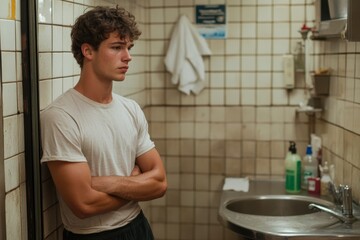 A young man stands thoughtfully in a restroom, arms crossed, portraying contemplation and introspection in a modern, slightly industrial environment.