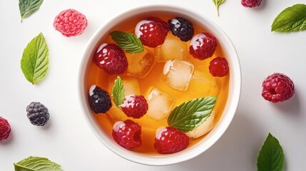 Refreshing Summer Drink with Berries and Mint Leaves on White Background