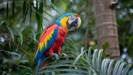 Obraz premium A colorful parrot is perched on a leafy branch. The bird is bright red, blue, and yellow, and it is looking at the camera. The scene is lively and vibrant