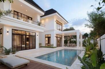 Modern villa with a pool and outdoor dining area in a serene setting.