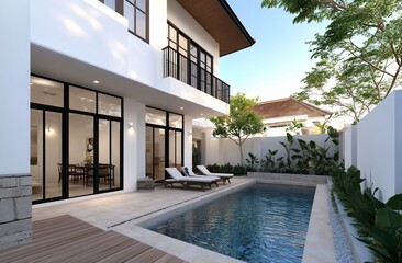 Modern villa with a pool and outdoor seating in a serene environment.