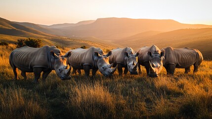 Four white rhinos graze at sunset in a savanna landscape.
