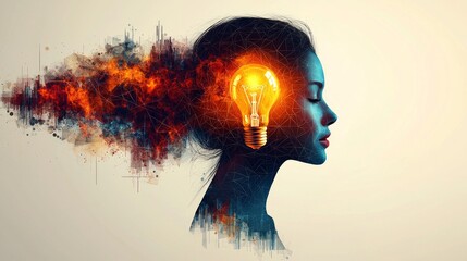 Silhouette woman creatively transformed geometric shapes light bulb colors like teal orange and purple. art piece embodies structured innovation.